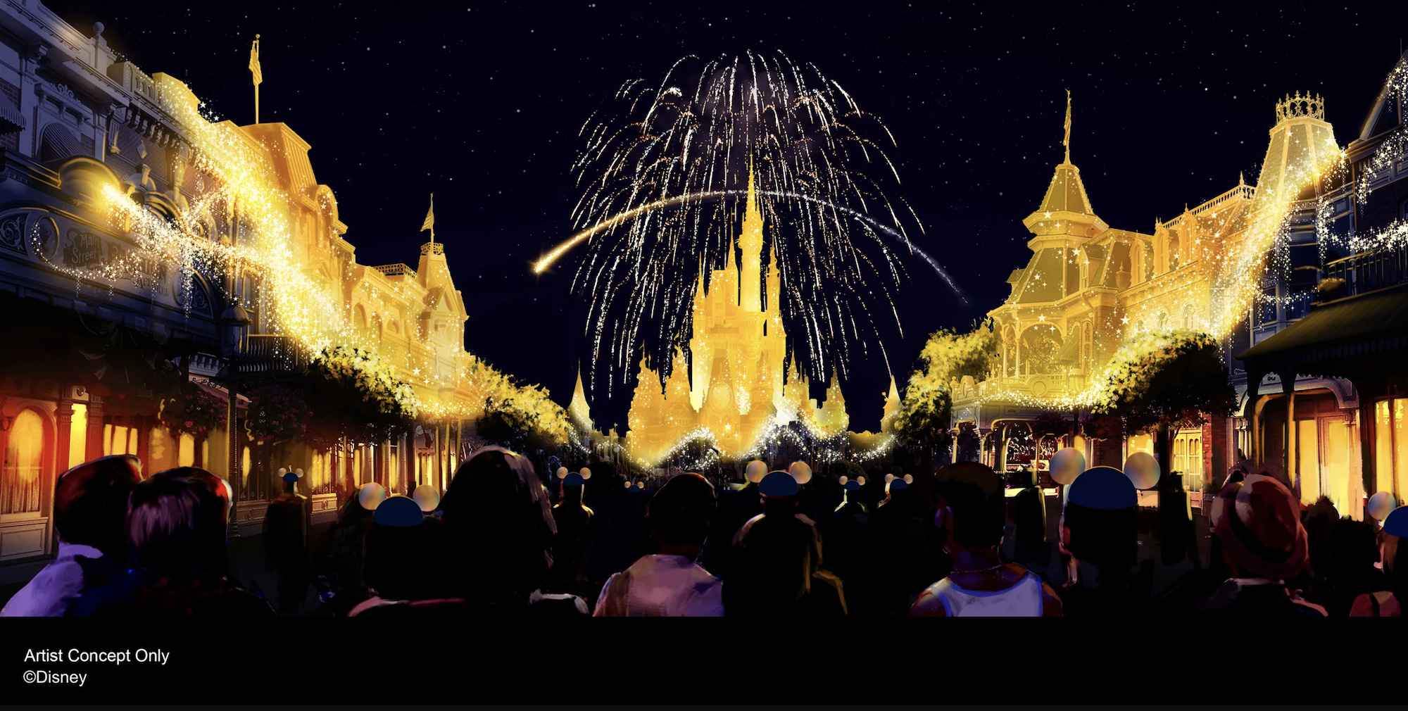 An art rendering of the new Magic Kingdom fireworks show "Disney Enchantment."
