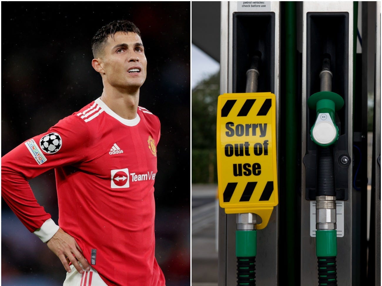 Cristiano Ronaldo and a gas station displaying no fuel