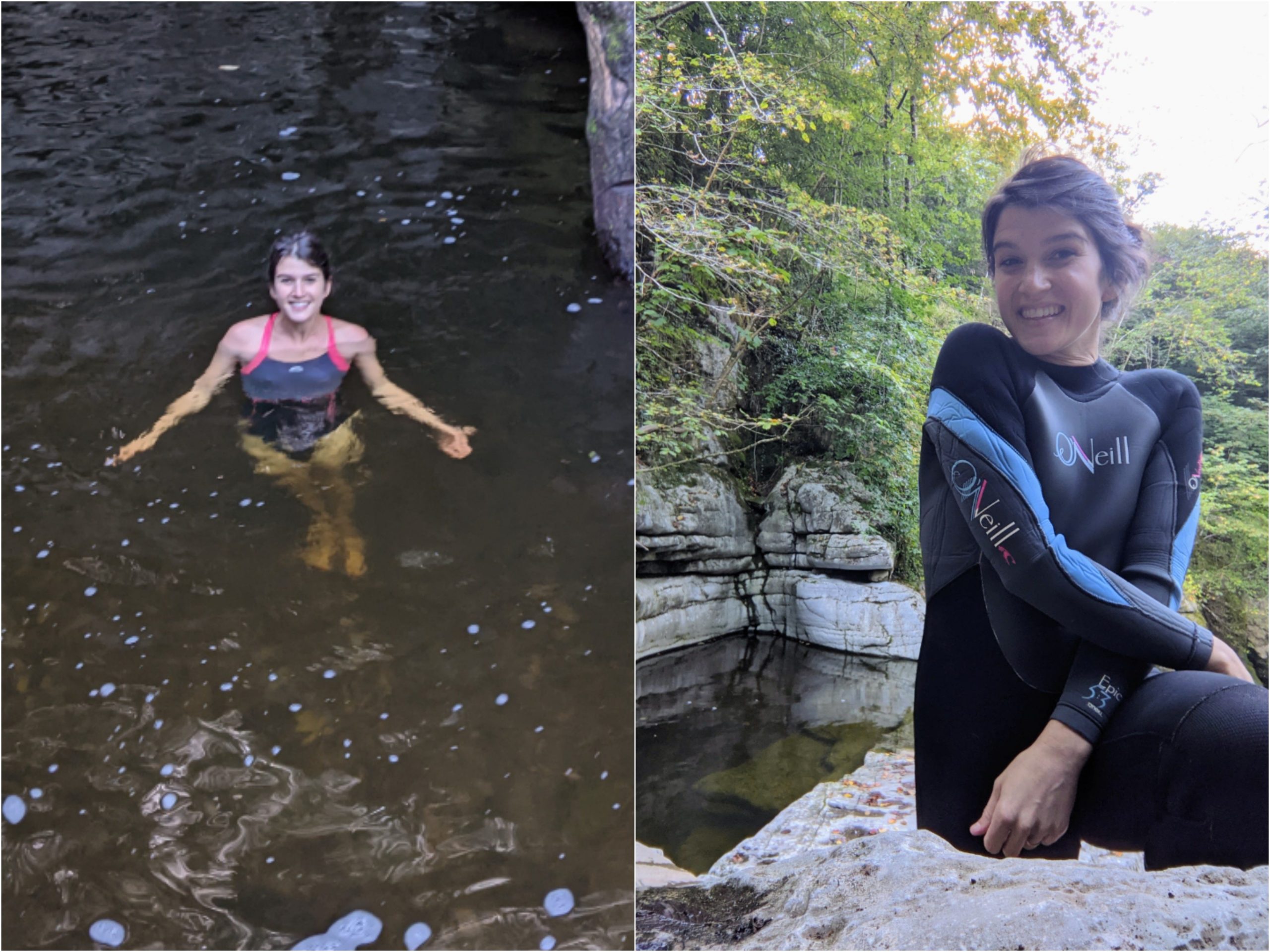 Split image of woman swimming in river and sitting by river in wetsuit