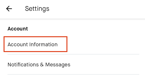 A screenshot of the Settings screen on Robinhood Android with a box around the "Account information" option.
