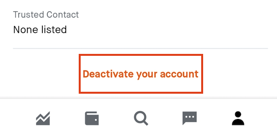A screenshot of the Account Information screen on Robinhood Android with a box around the "Deactivate your account" option.