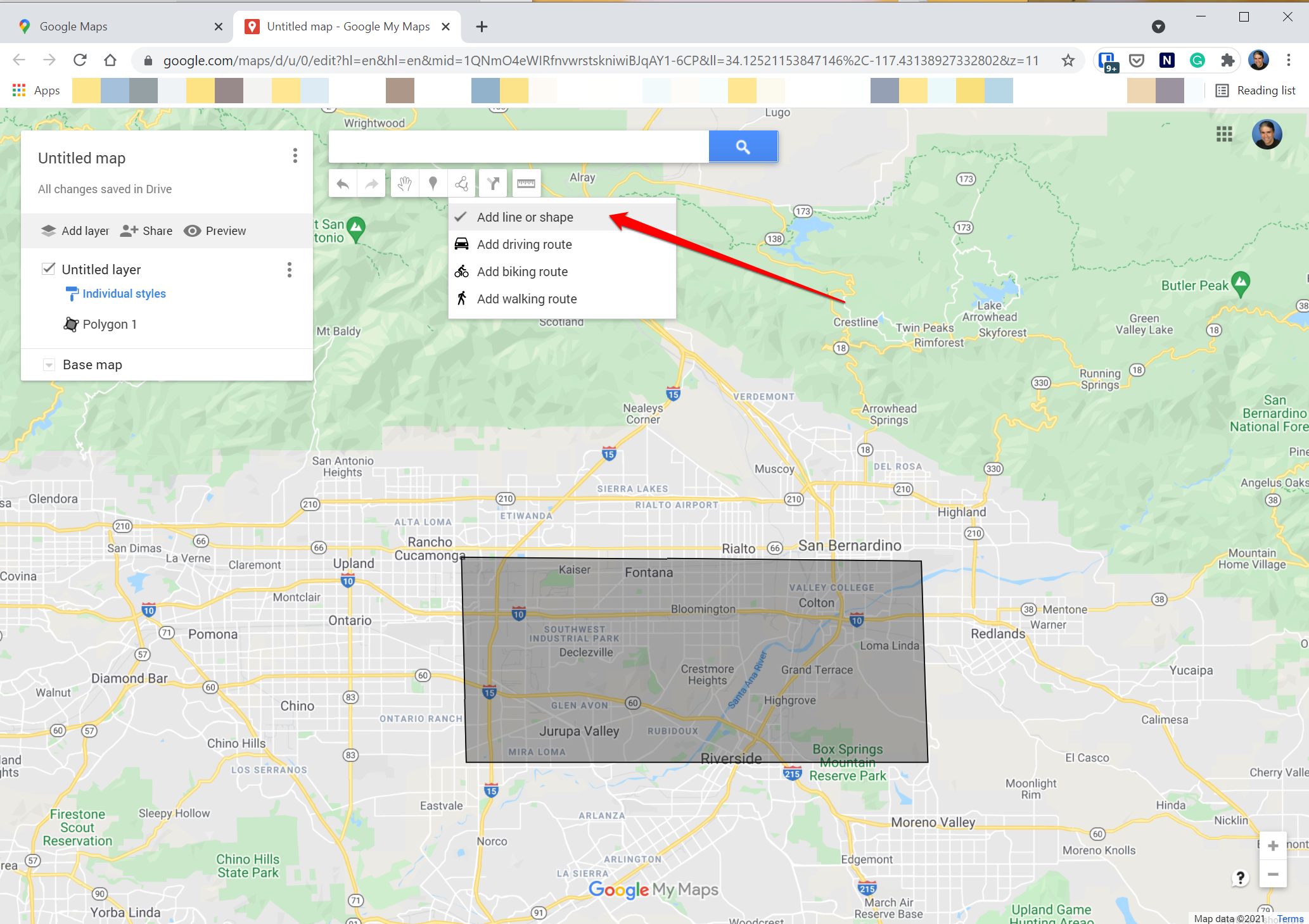 [draw-route-google-maps5.png:  / Customizing a map with lines and shapes in Google Maps.]