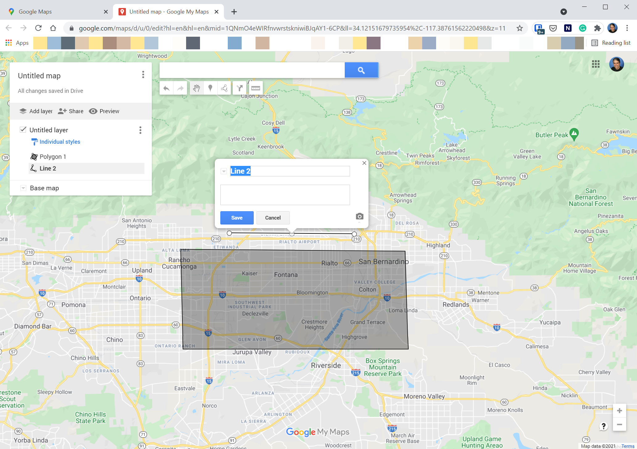 [draw-route-google-maps6.png:/ Customizing a map with lines and shapes in Google Maps.]