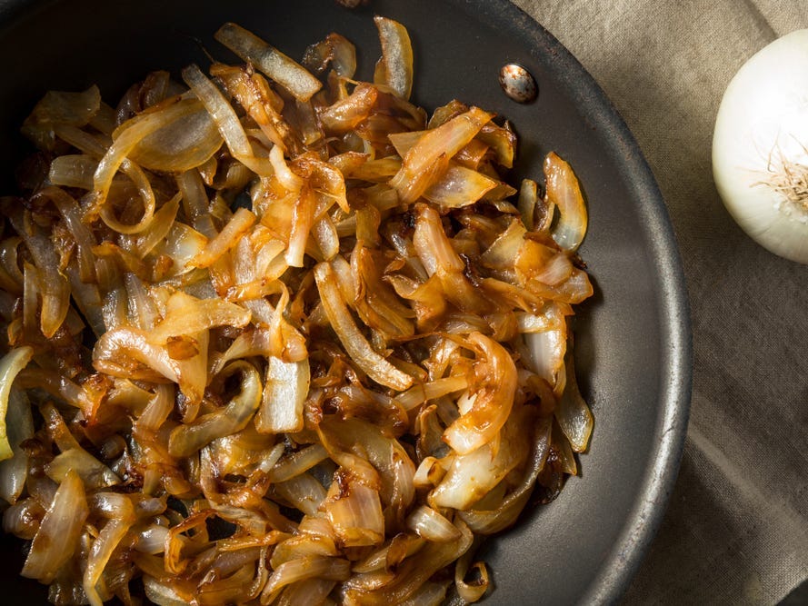 Caramelized onions in a pan.