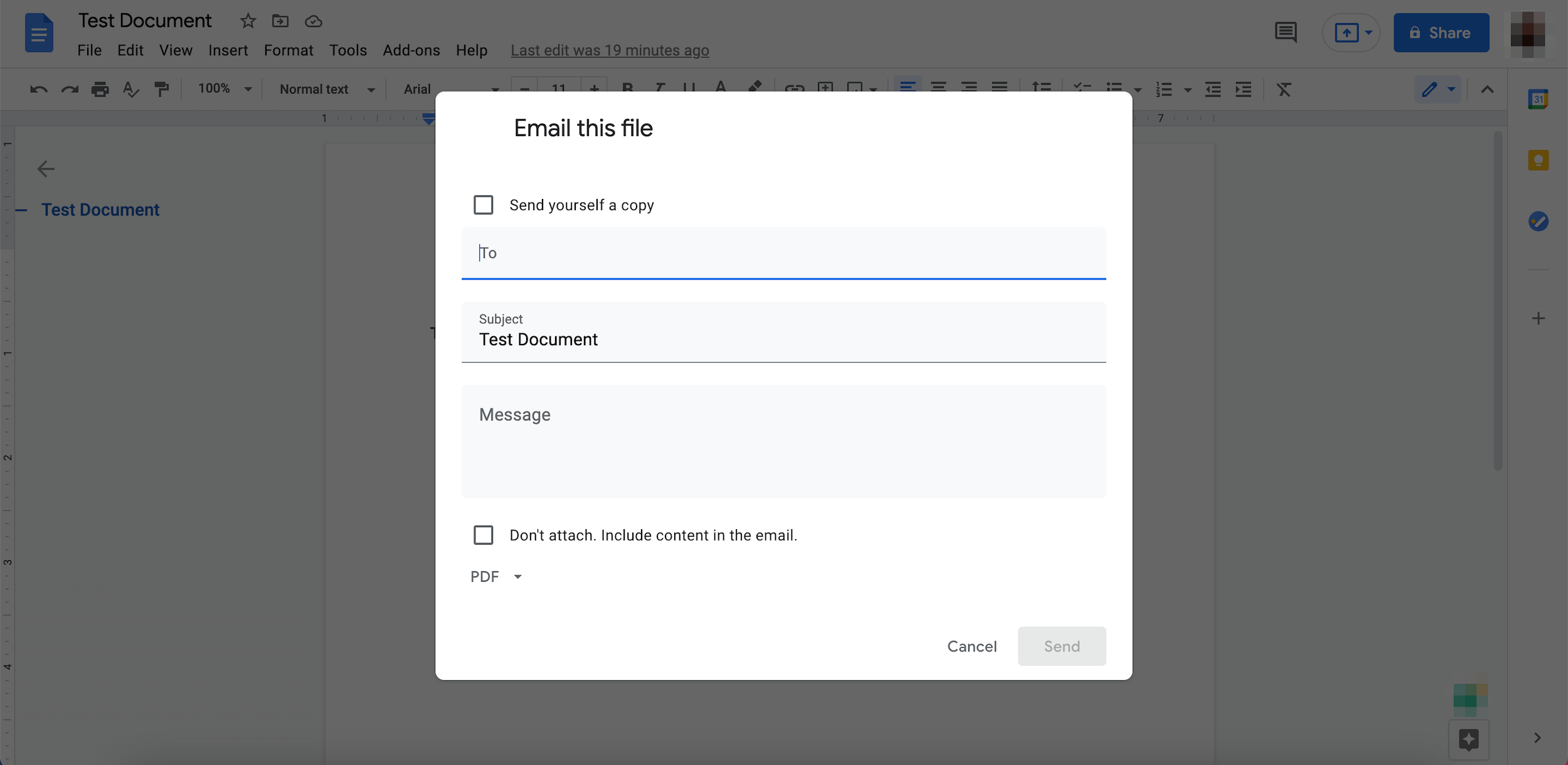 Screenshot of the email pop-up menu
