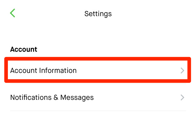 A screenshot of the settings menu on Robinhood iOS with a box around the Account Information option.