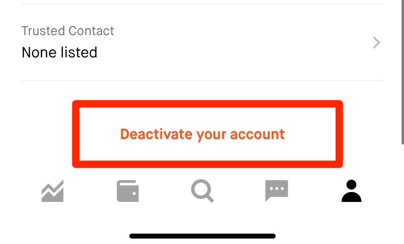 A screenshot of the Account Information screen on Robinhood iOS with a box around the "Deactivate your account" option.