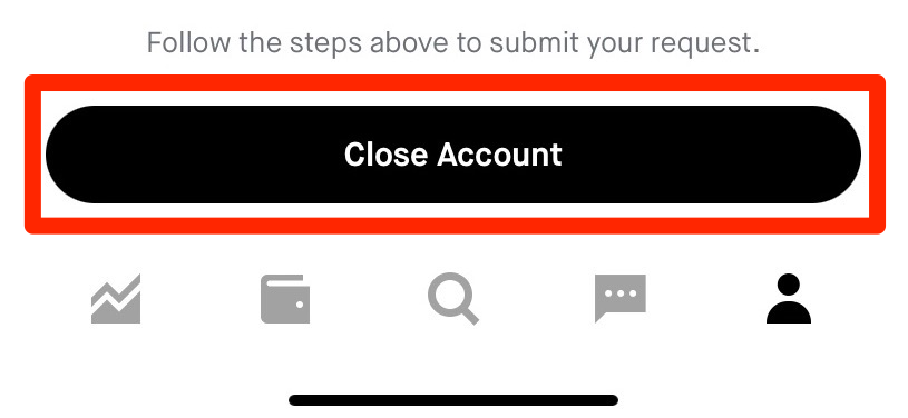 A screenshot of the "Close Your Account" screen on Robinhood iOS with a box around the "Close Account" button.
