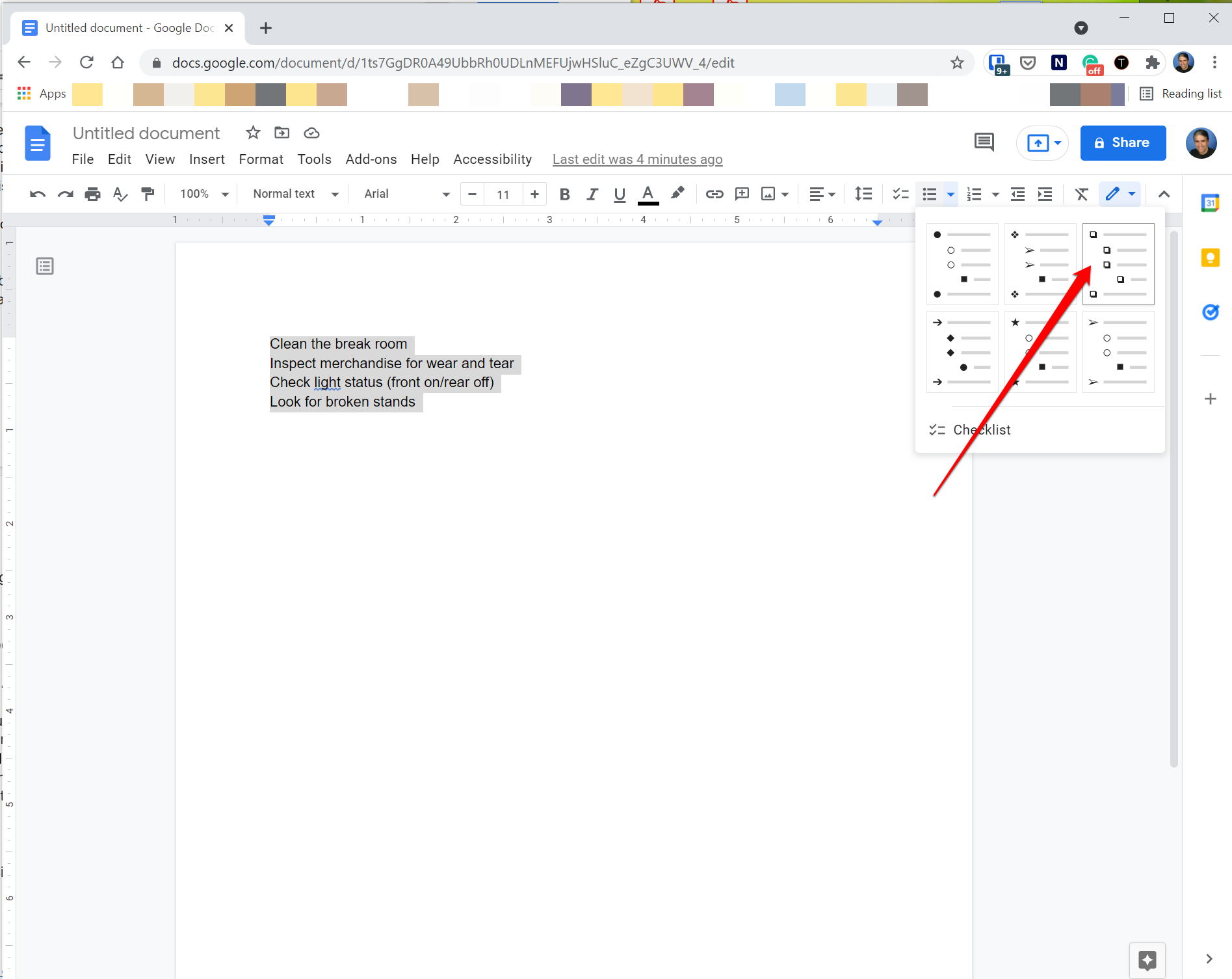 [google-docs-checkbox1.png: / The bulleted list menu in Google Docs.]