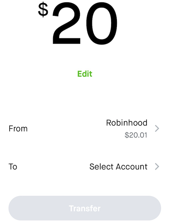 A screenshot of the Transfer screen on Robinhood iOS.