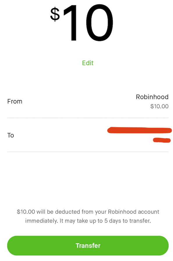 A screenshot of the Transfer screen on Robinhood Android.