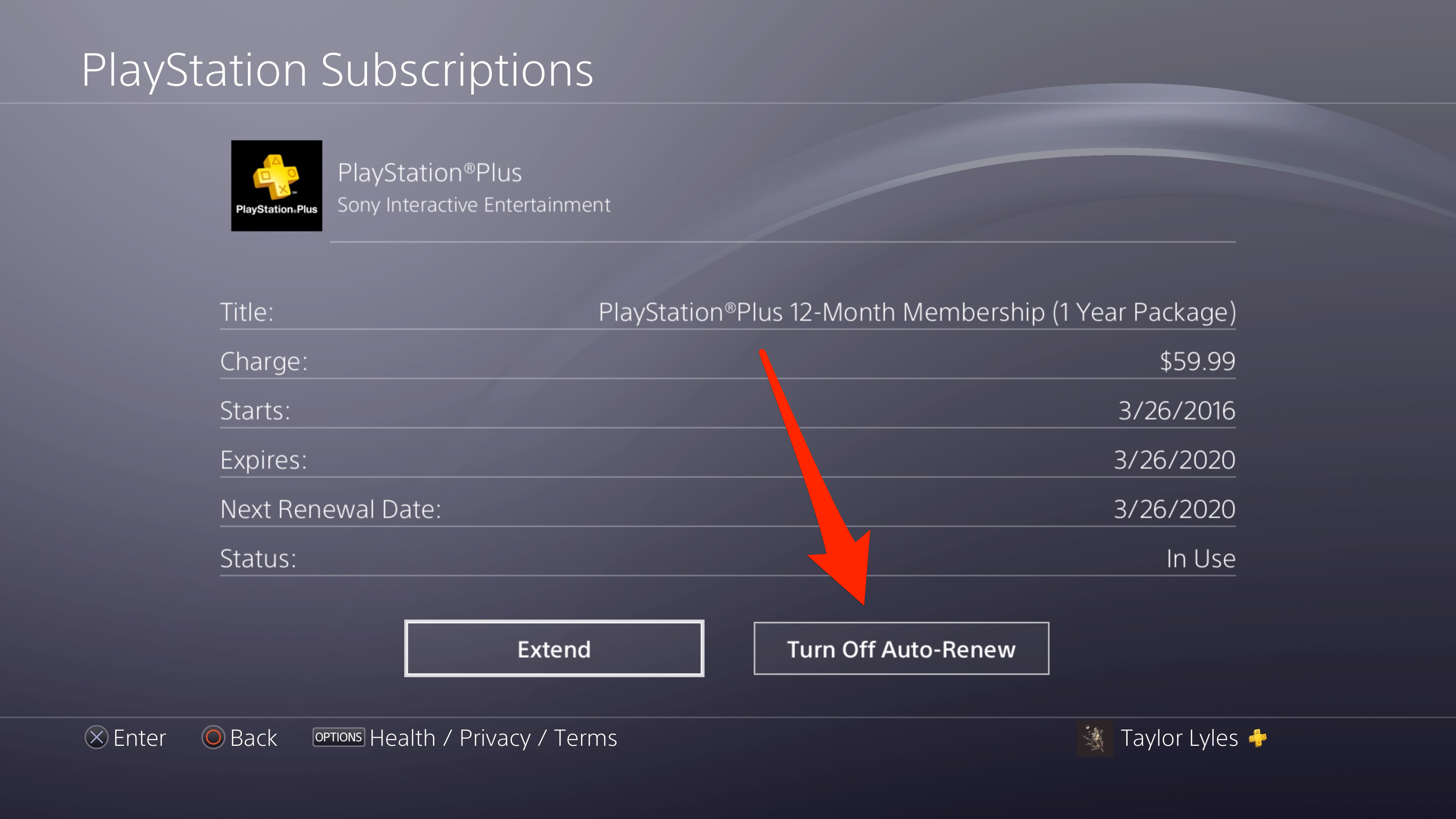 Screenshot of Turn off Auto Renew option on PS4