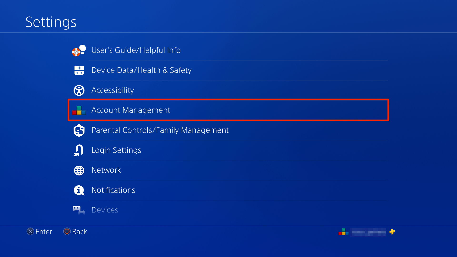 Screenshot of Account Management option in PS4 settings