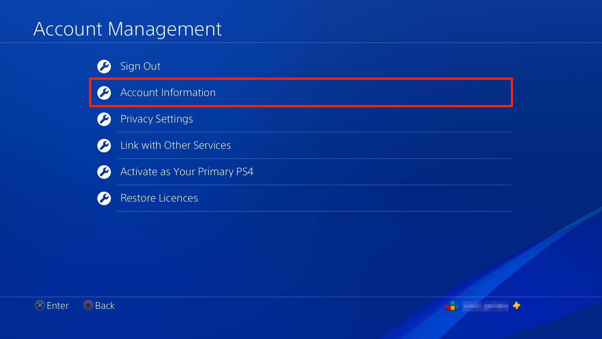 Screenshot of Account information option in PS4 settings