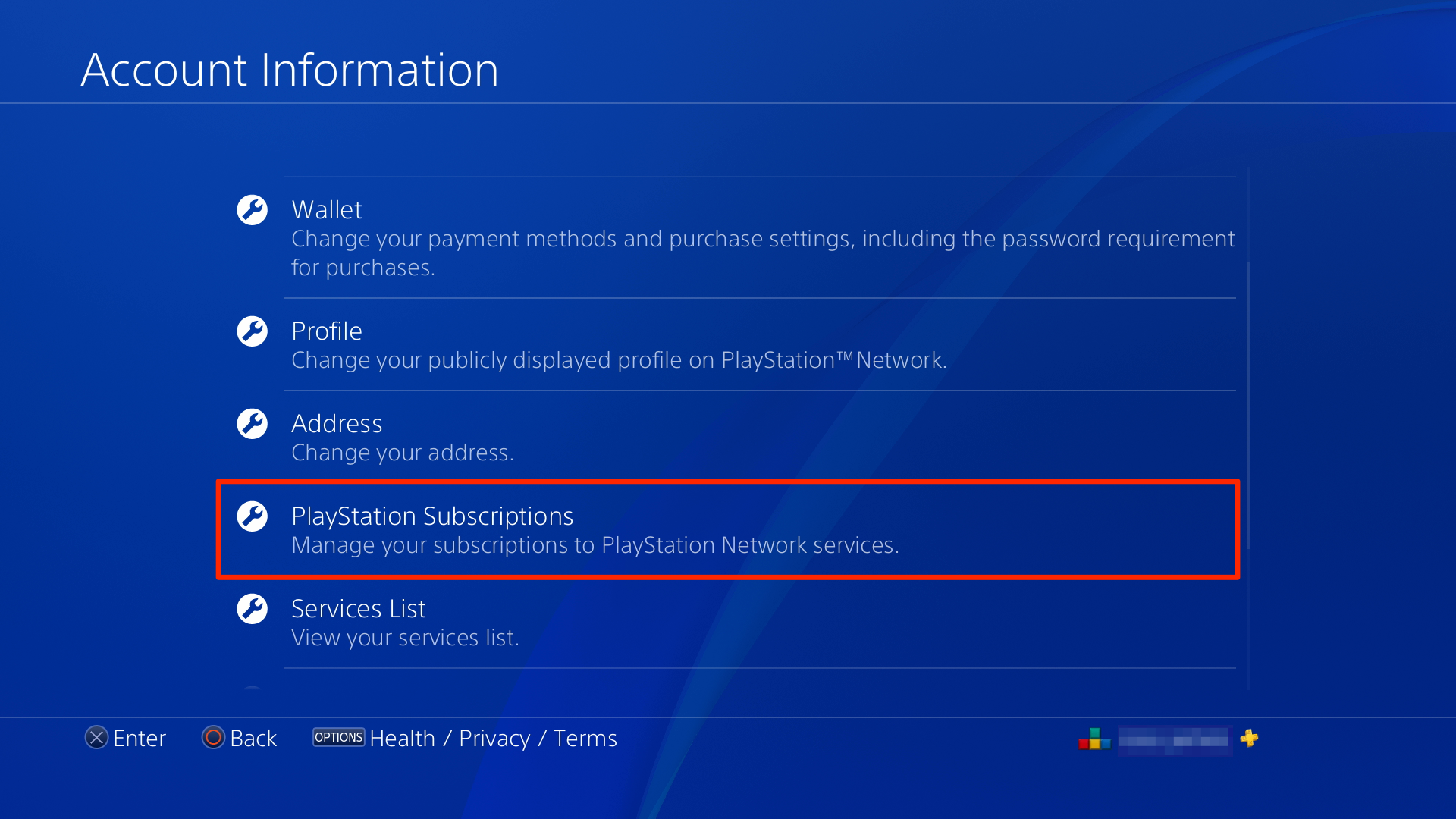 Screenshot of PlayStation Subscriptions option