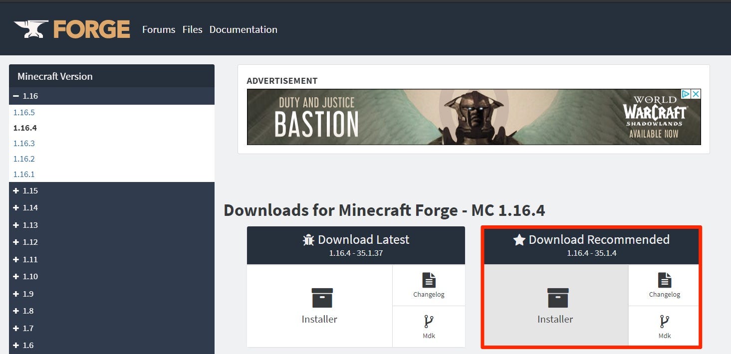 Minecraft Forge's homepage. The recommended option is highlighted.