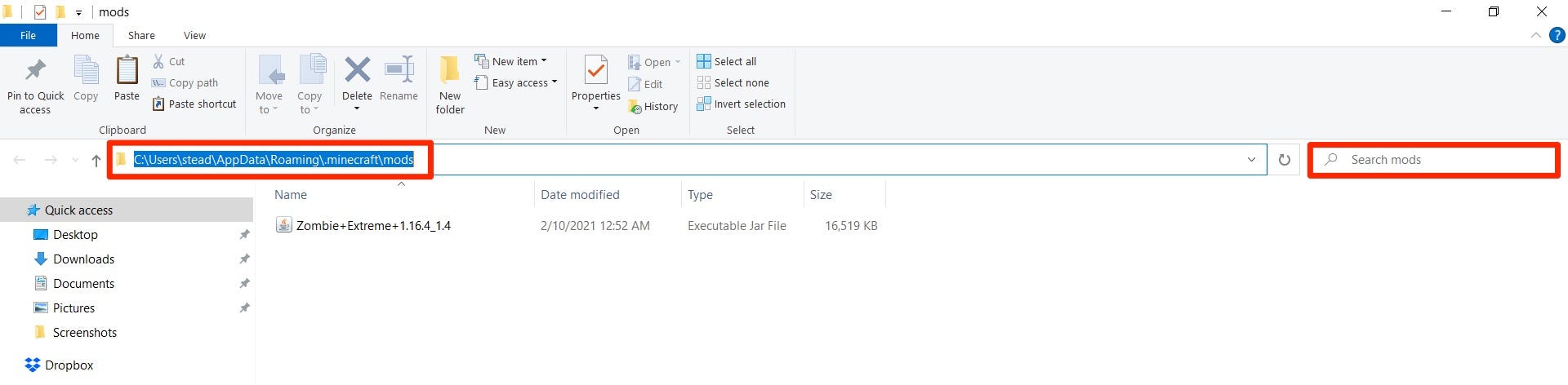 Finding Minecraft mods on a PC.