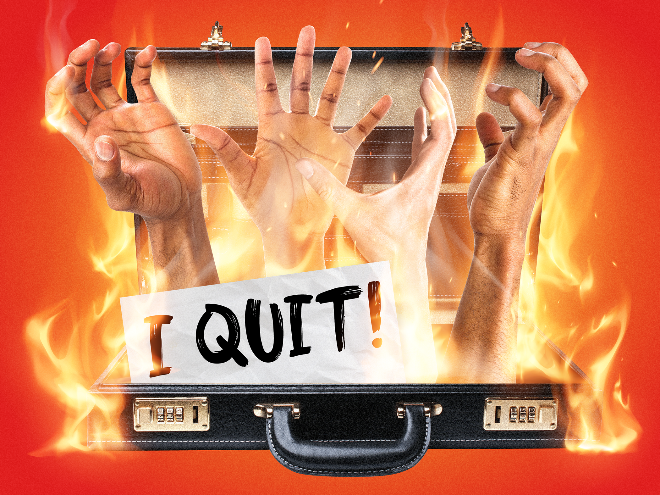 Hands coming out of a fire inside an open briefcase representing mass job resignation during the COVID-19 pandemic