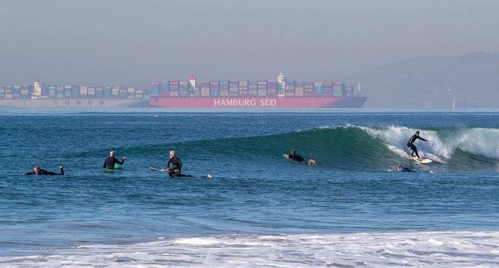 About 20 container ships wait to be unloaded in the Ports of LA and Long Beach