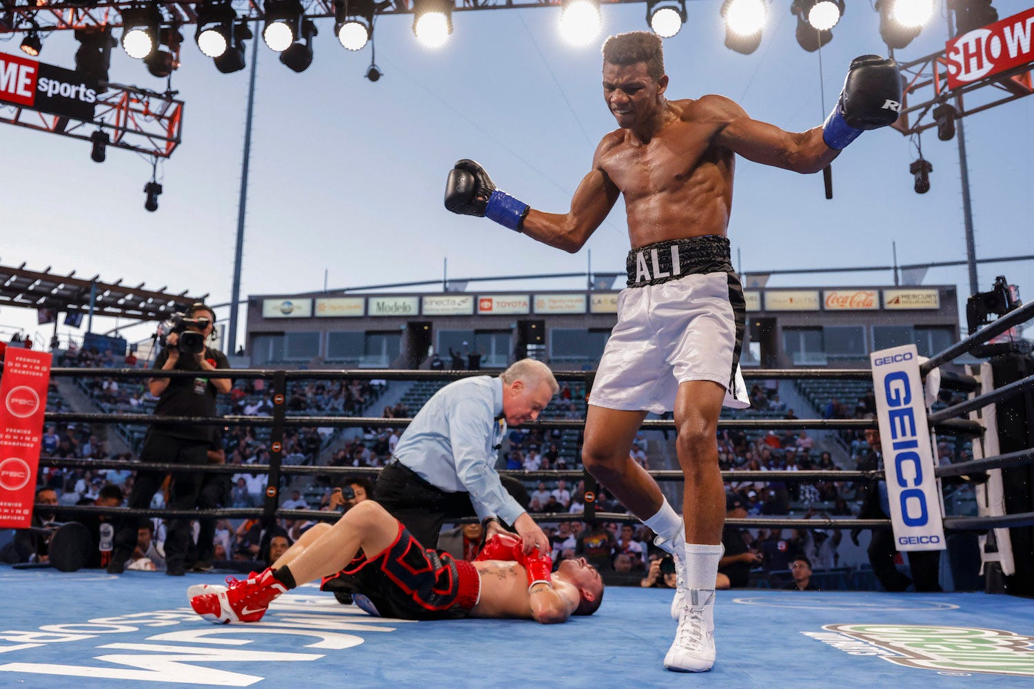 Michel Rivera celebrates after scoring his latest knockout win.