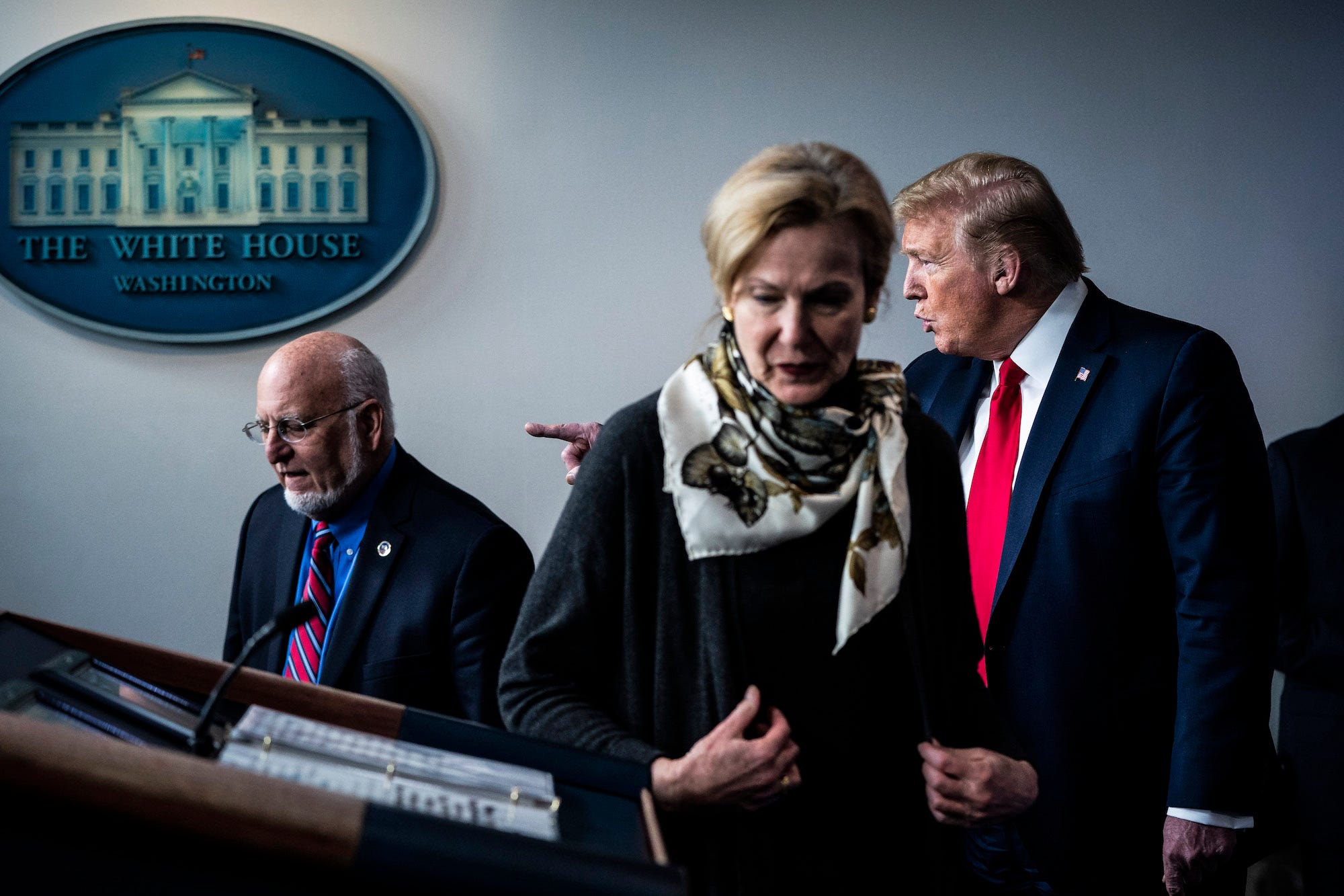 Robert Redfield, Debra Birx, and Donald Trump