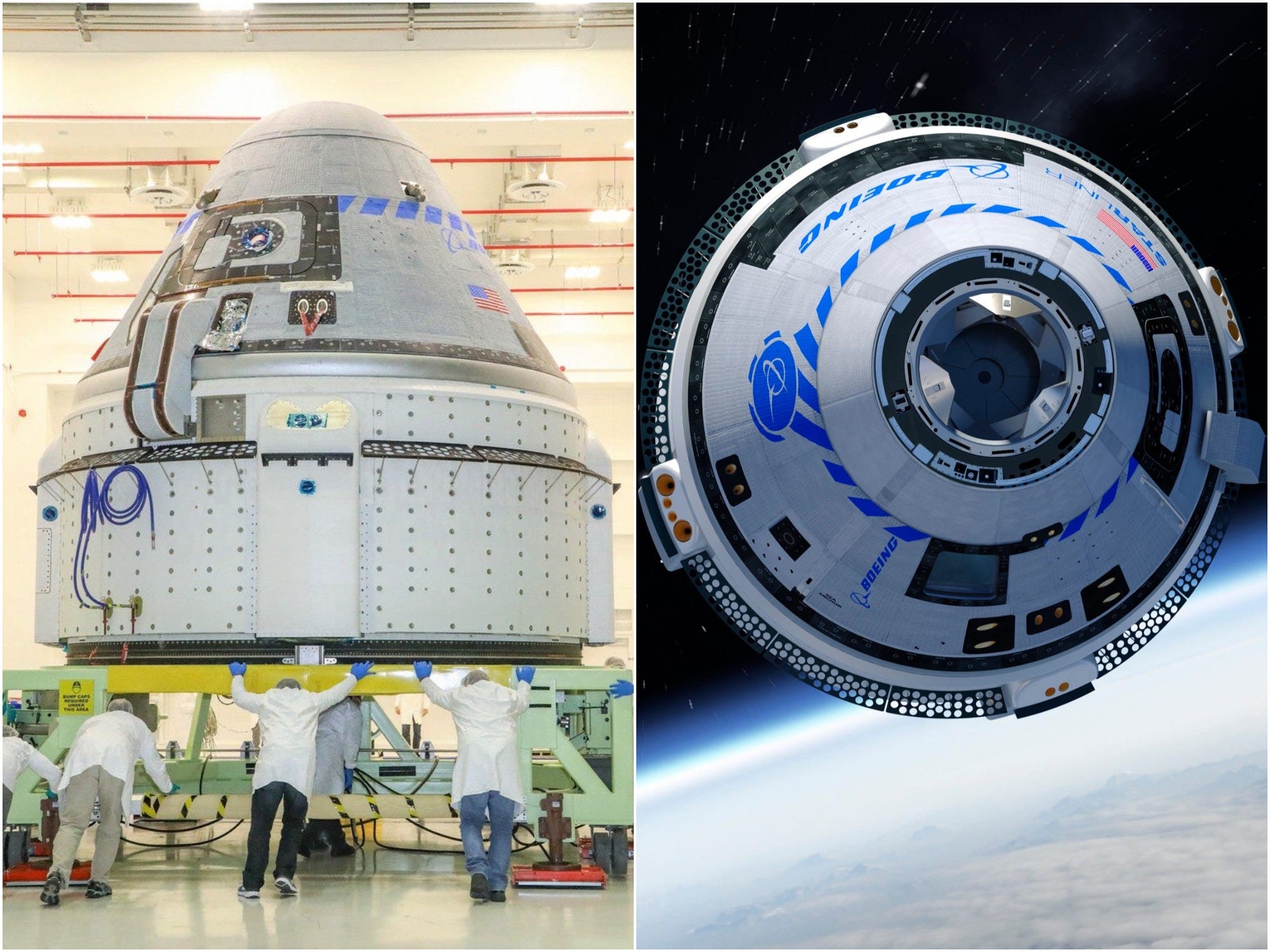 side by side image engineers roll boeing starliner spaceship into factory and illustration of starliner in space