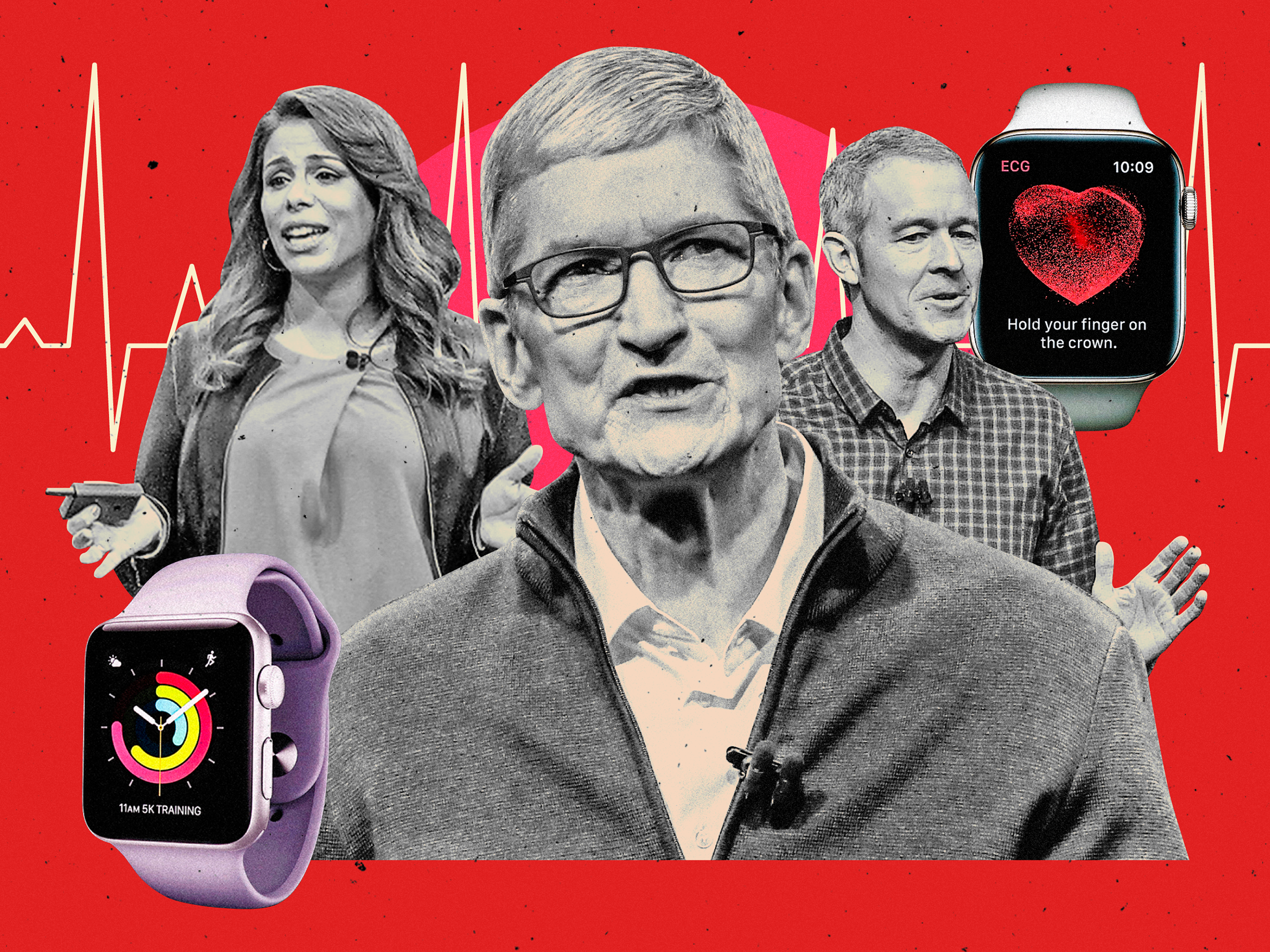 Tim Cook, Sumbul Desai, and Jeff Williams in the center with an Apple watch to the left of Desai and to the right of Williams with a pale yellow heartbeat line behind them on a red background.