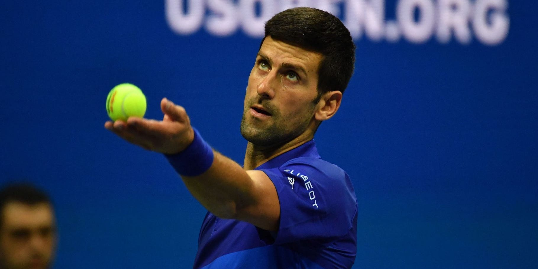 Serbia's Novak Djokovic serves to the Netherland's Tallon Griekspoor during their 2021 US Open Tennis tournament