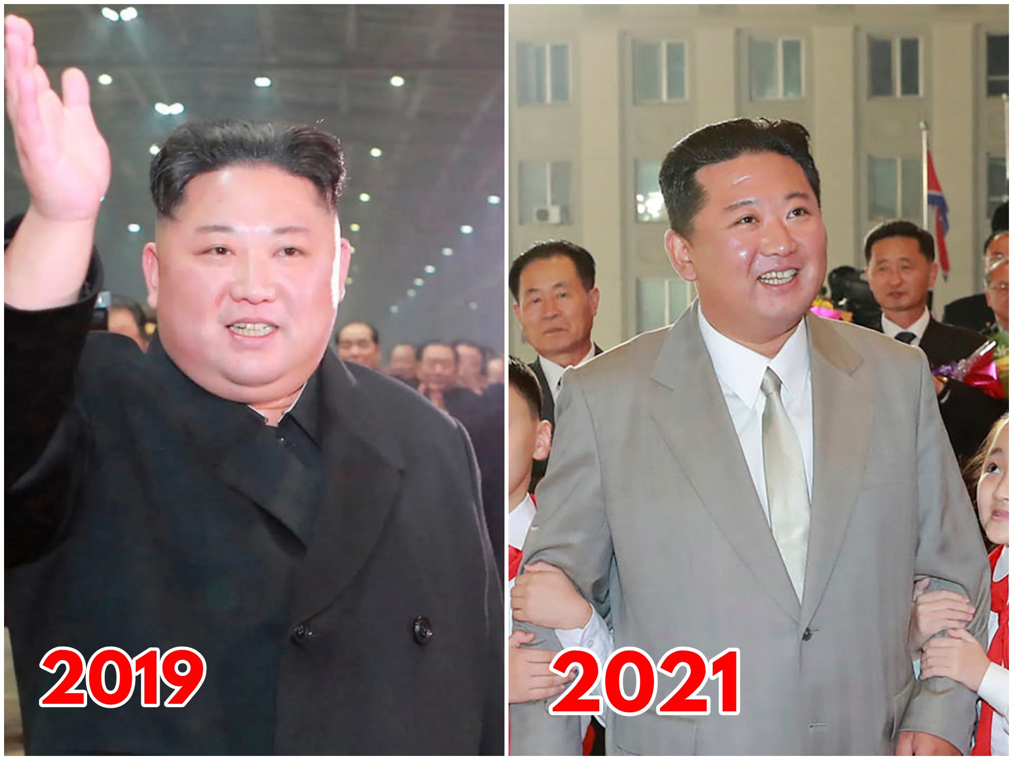 A collage of two images of Kim Jong Un in 2019 (left) and 2021 (right), both viewed from the front. He looks markedly slimmer in 2021.