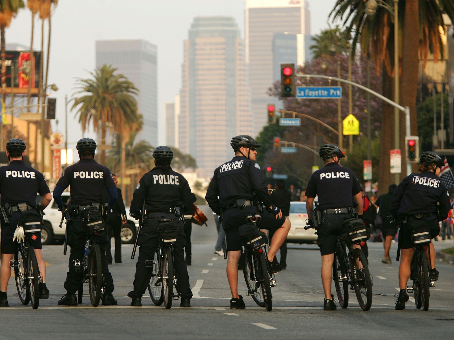 Los Angeles Police Department officers on bikes on a street