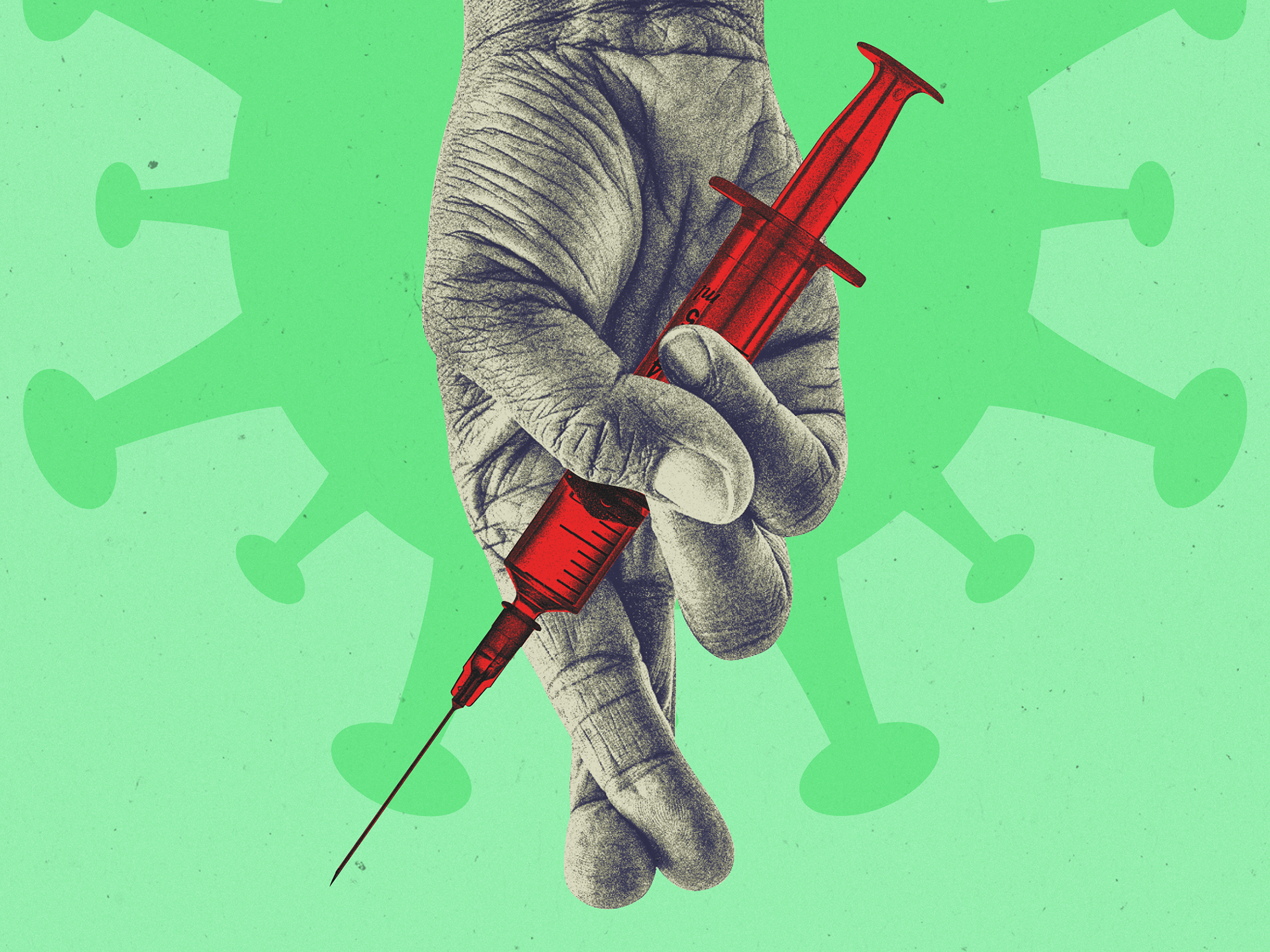 A hand with crossed fingers holding a vaccine syringe with a coronavirus shape behind it on a green background