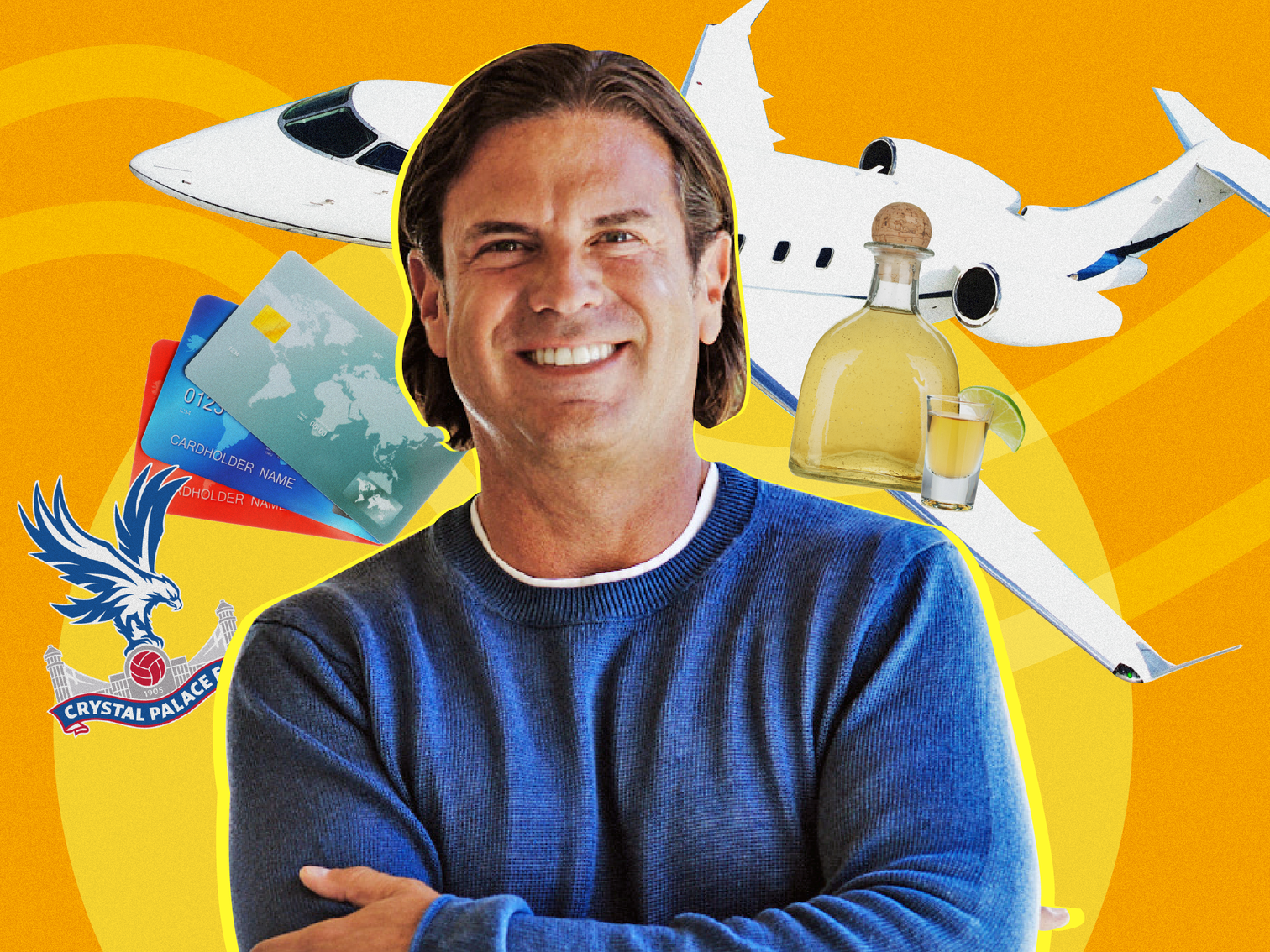 Headshot of David Adelman against an orange background that features a private jet, tequila, credit cards and the Crystal Palace FC logo