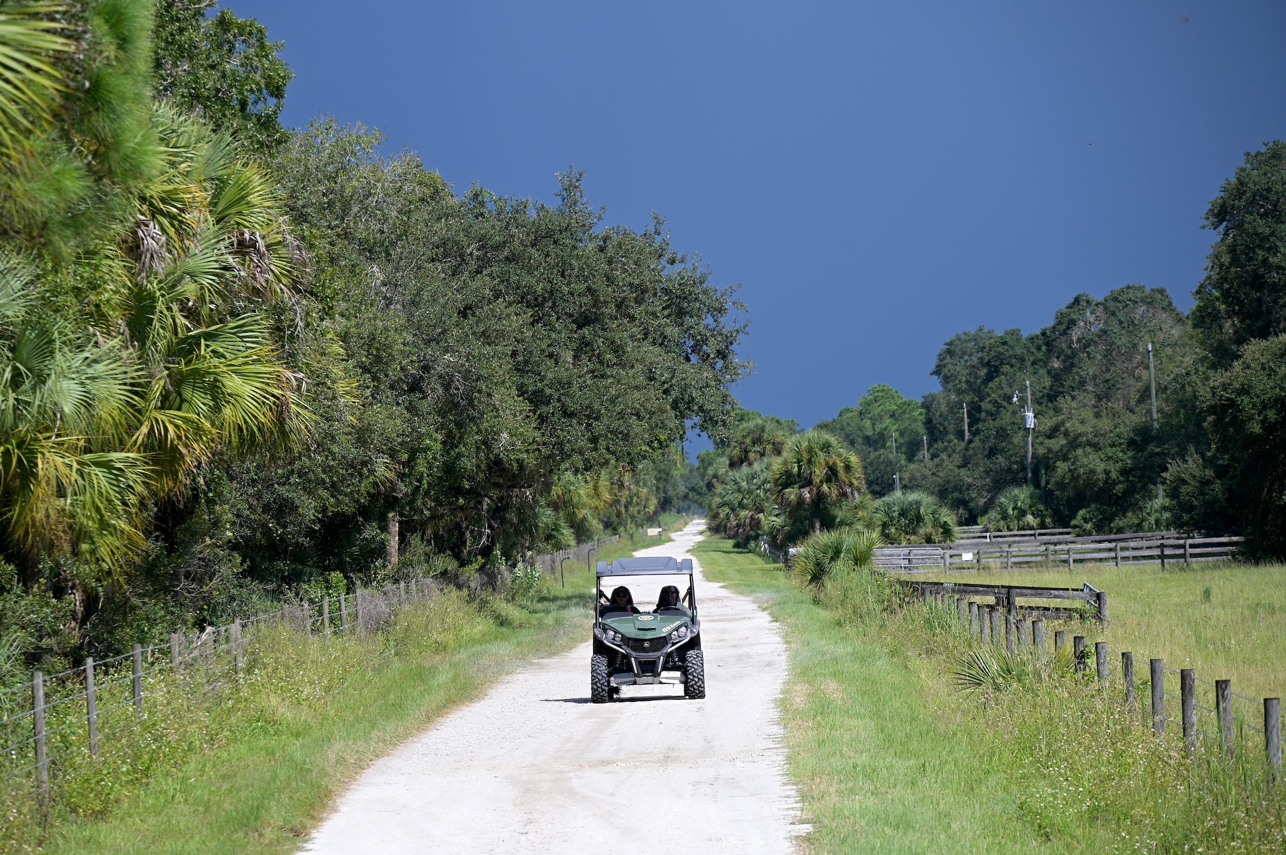 in the Carlton Reserve, a side-by-side vehicle drives along a path with trees alongside it and a stormy sky