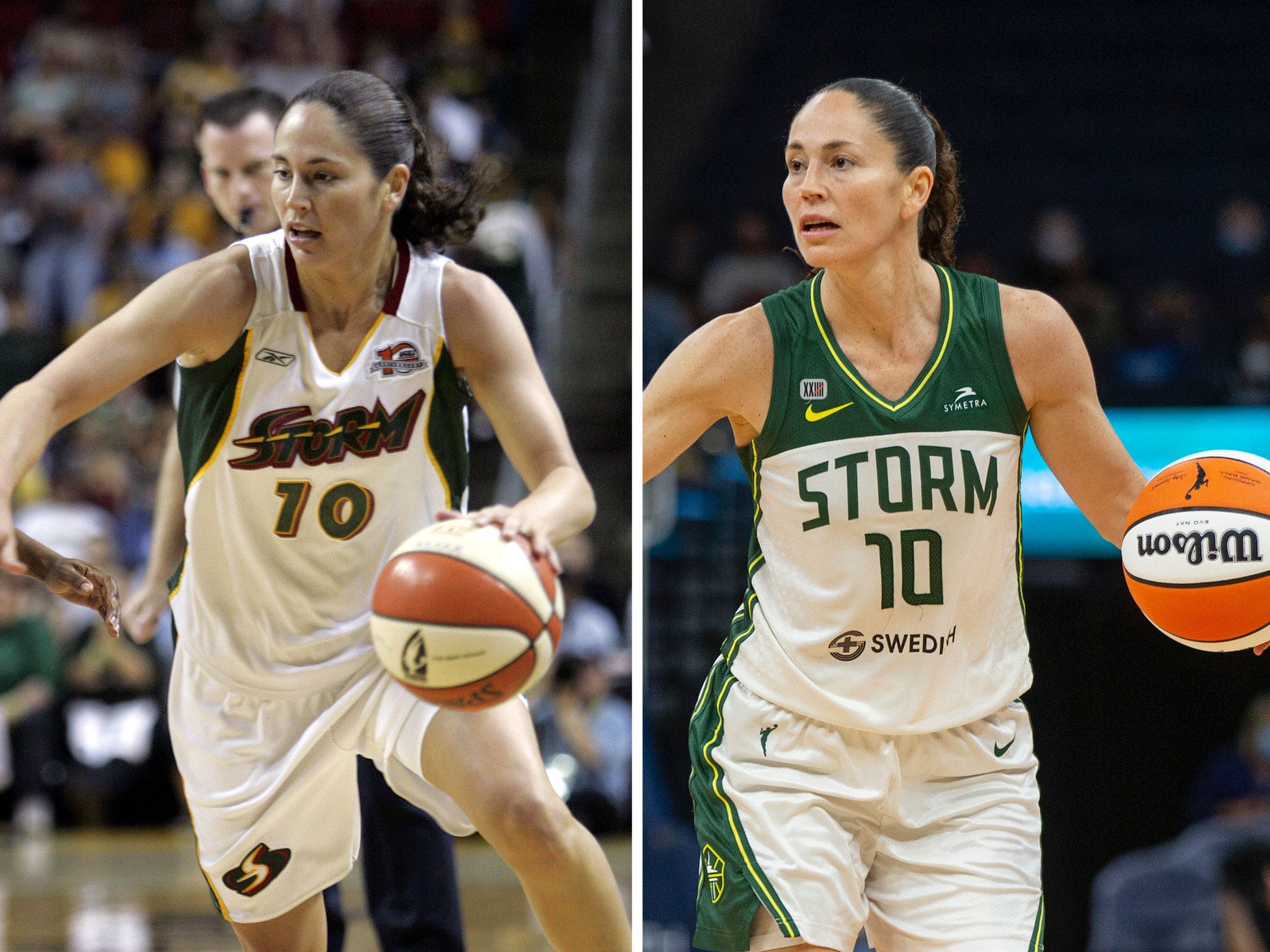 Sue Bird plays for the Seattle Storm in 2006 (left) and 2021 (right).