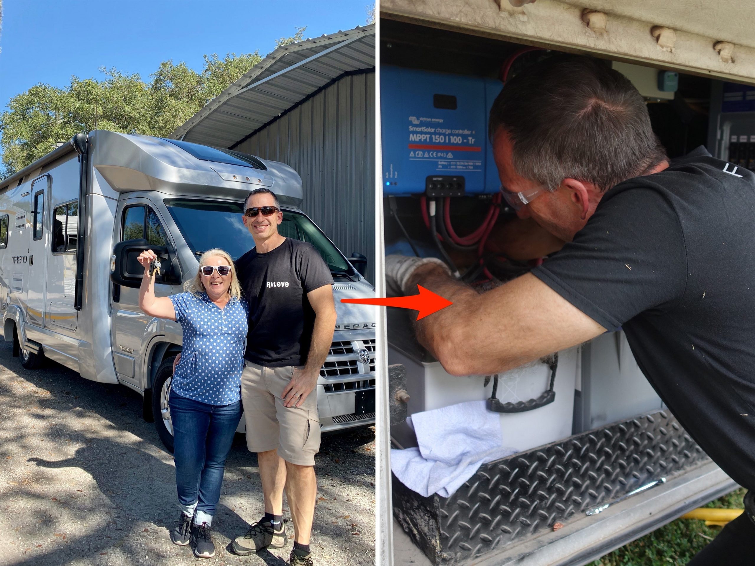 Left: Marc and Julie Bennett stand in front of an RV with keys. RIght: Marc checks the RVs battery