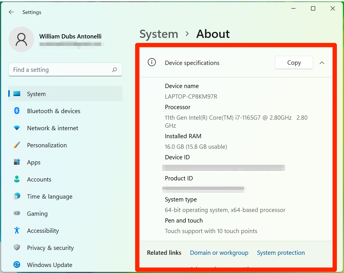 A Windows 11 settings page showing all of the computer's specifications.