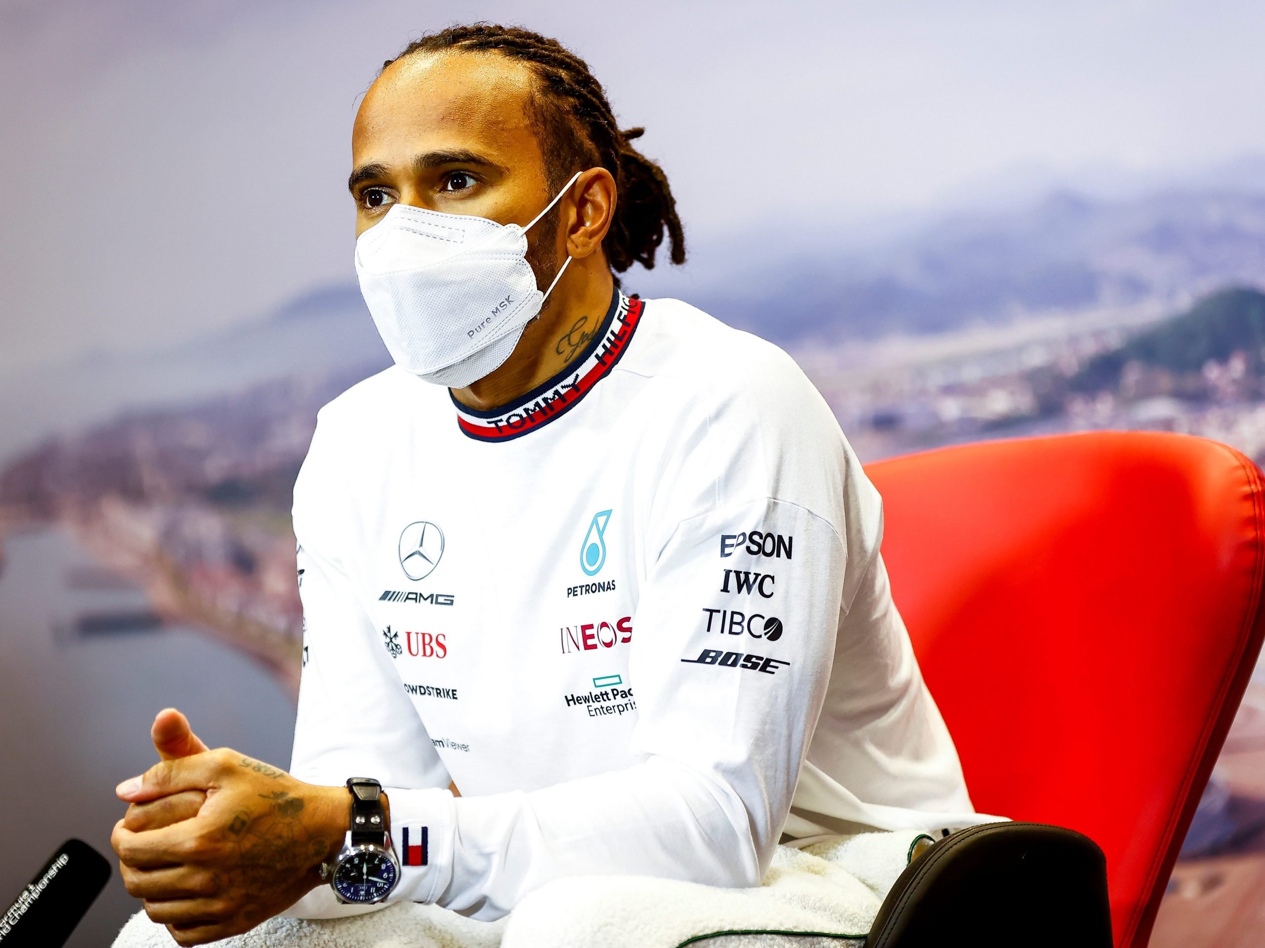 Race winner Lewis Hamilton of Great Britain and Mercedes GP talks in the press conference after the F1 Grand Prix of Russia