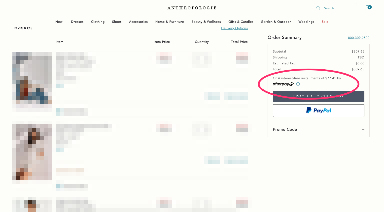 Anthropologie cart checkout screen with Afterpay option circled