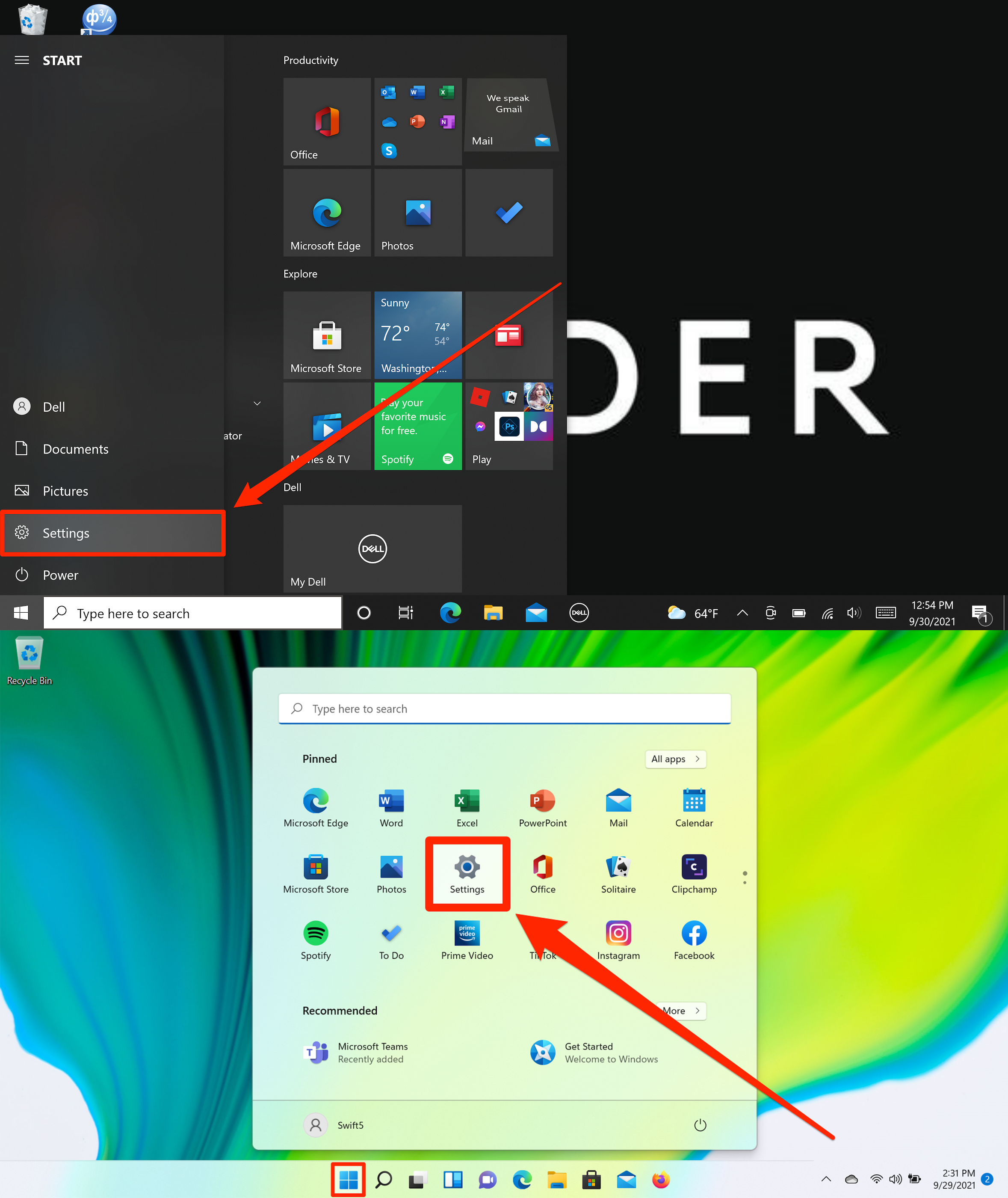 The Start menus in Windows 10 and Windows 11, with the Settings option in each highlighted.