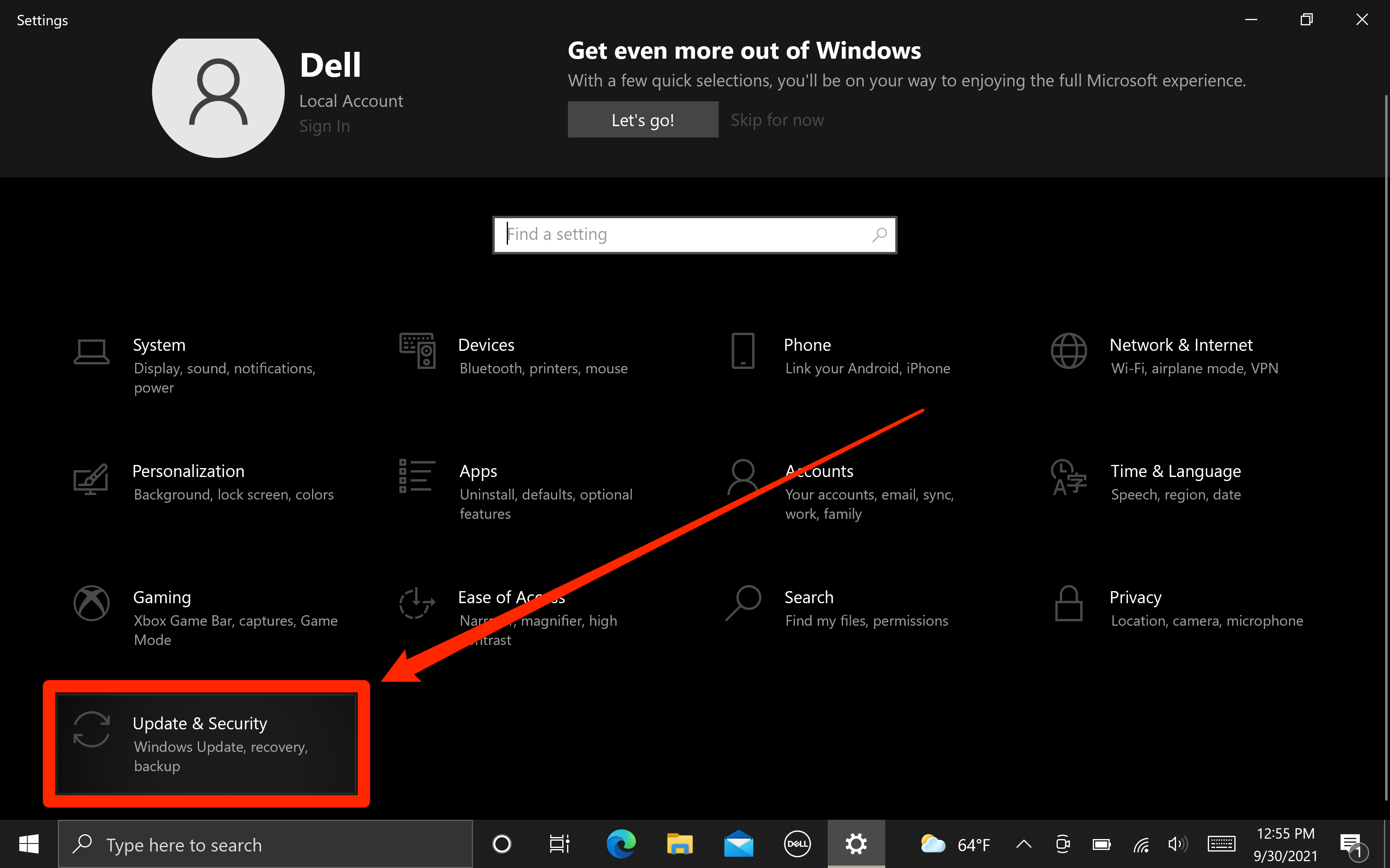 The Windows 10 Settings app. The "Updates" option is highlighted.