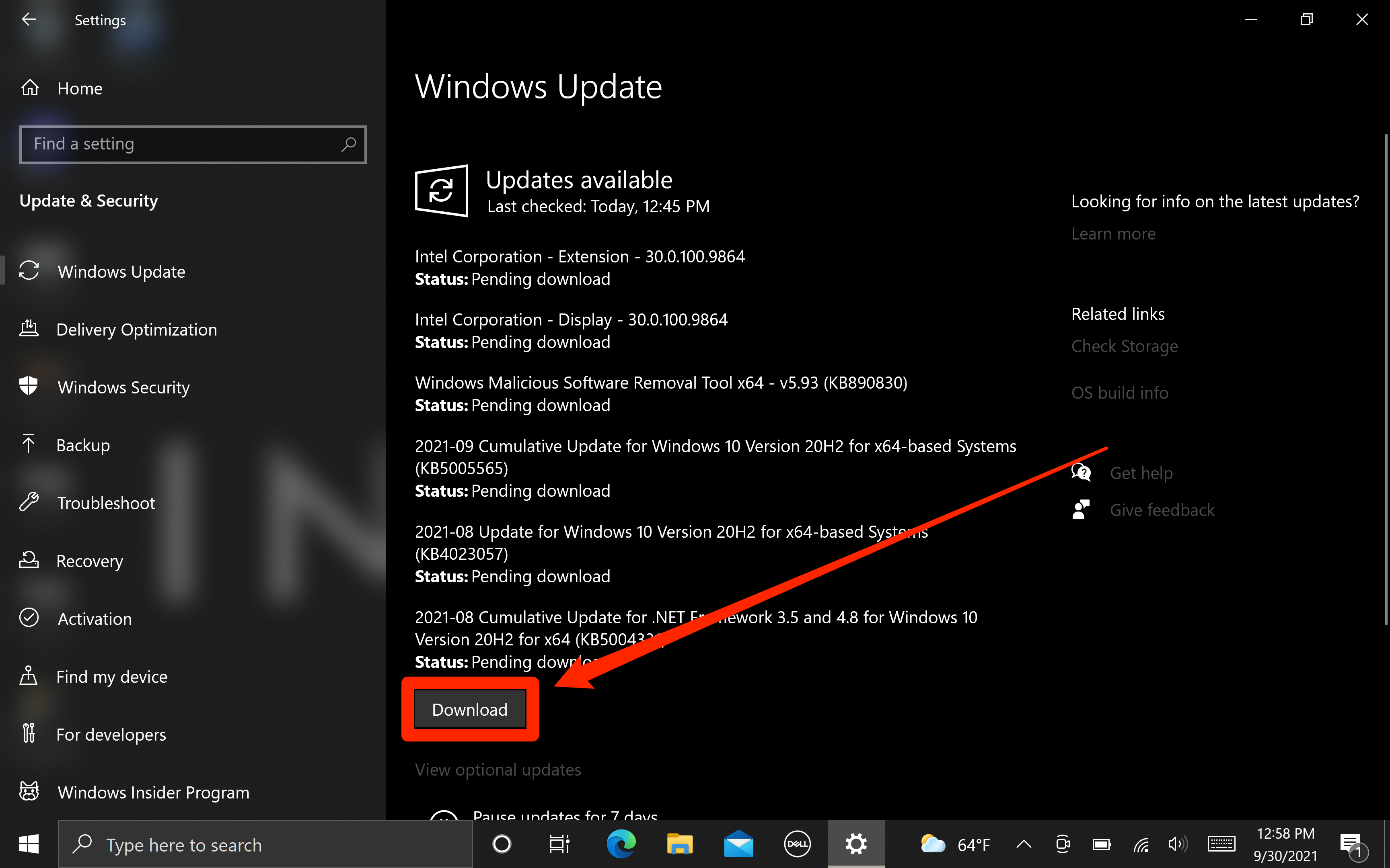 The Windows 10 updates menu. The Download option is highlighted.