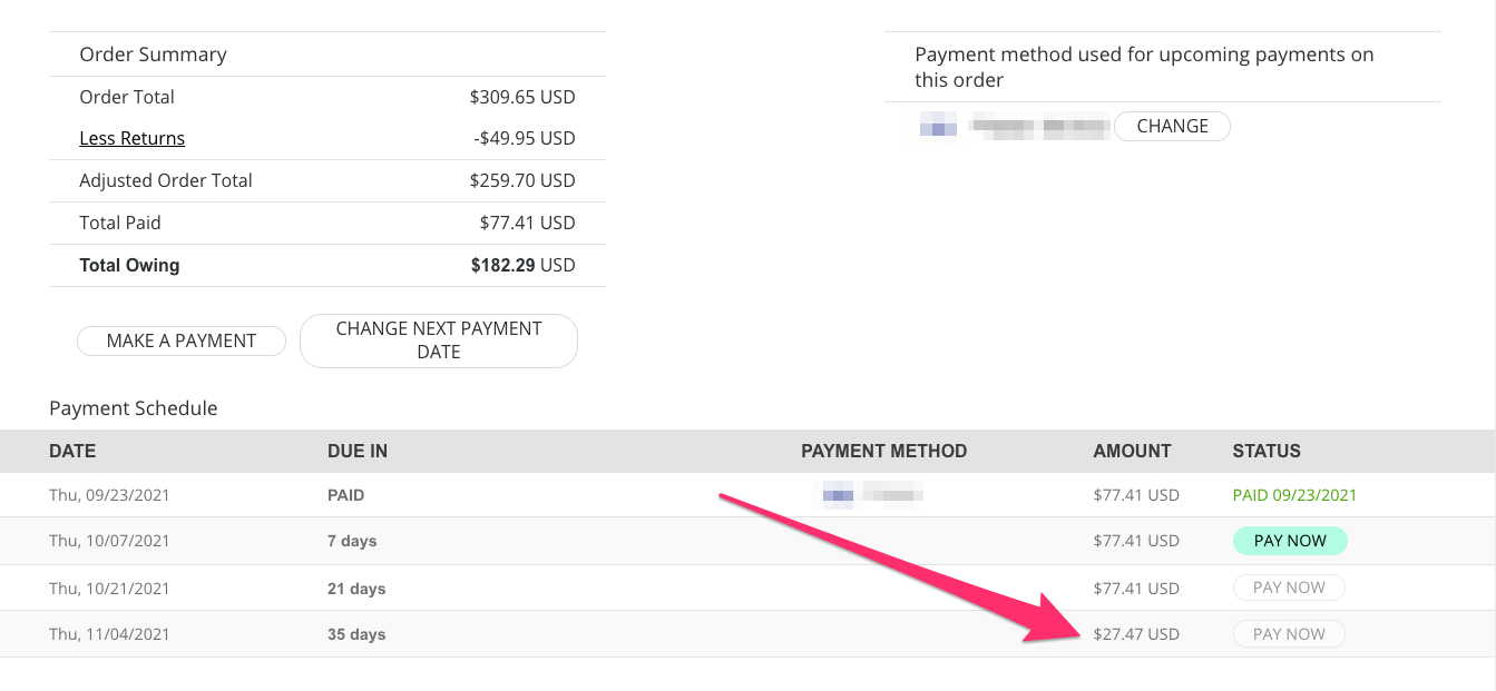 Afterpay account screen with pink arrow pointing to final payment amount