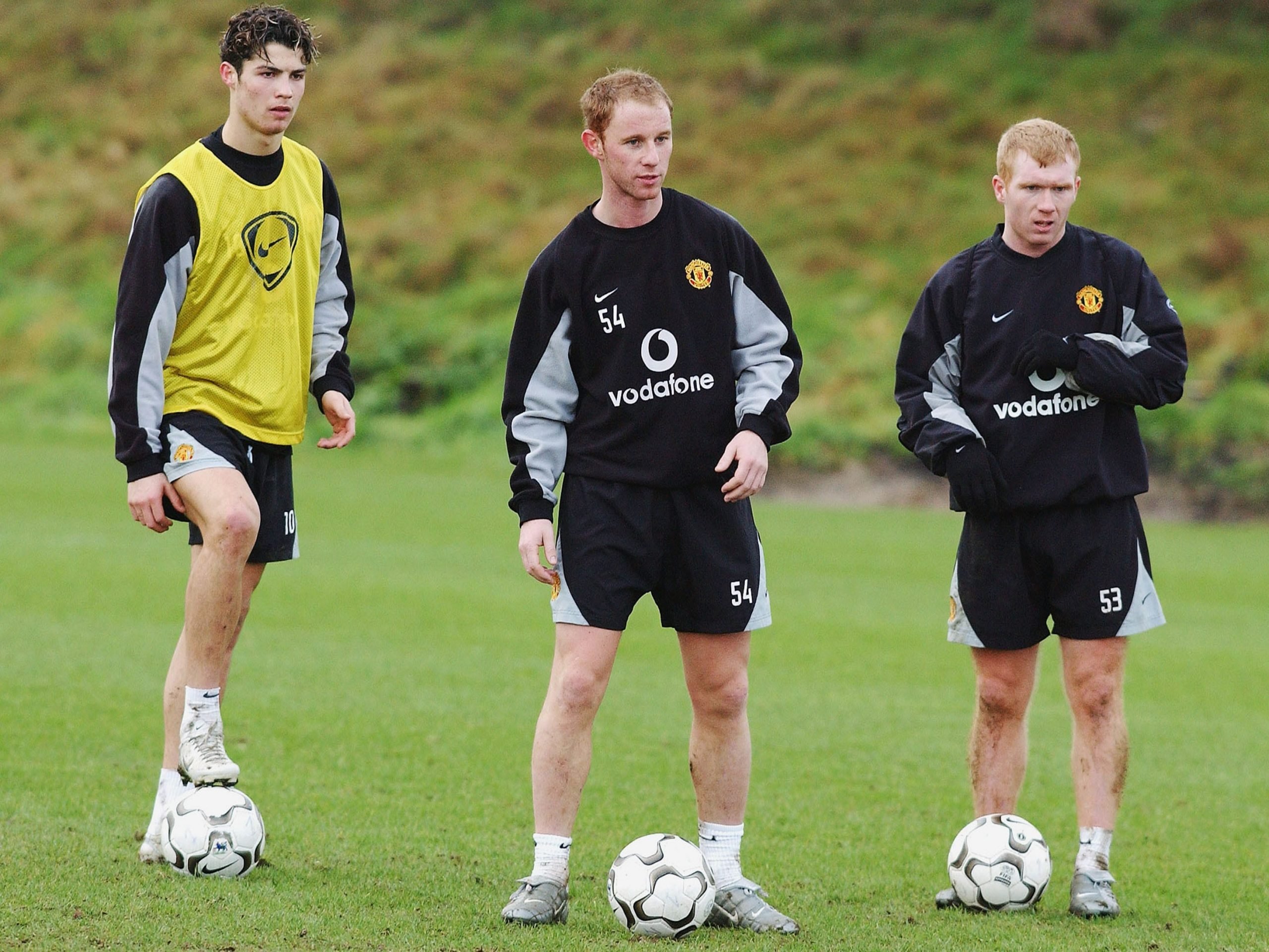 Cristiano Ronaldo, Nicky Butt and Paul Scholes in training