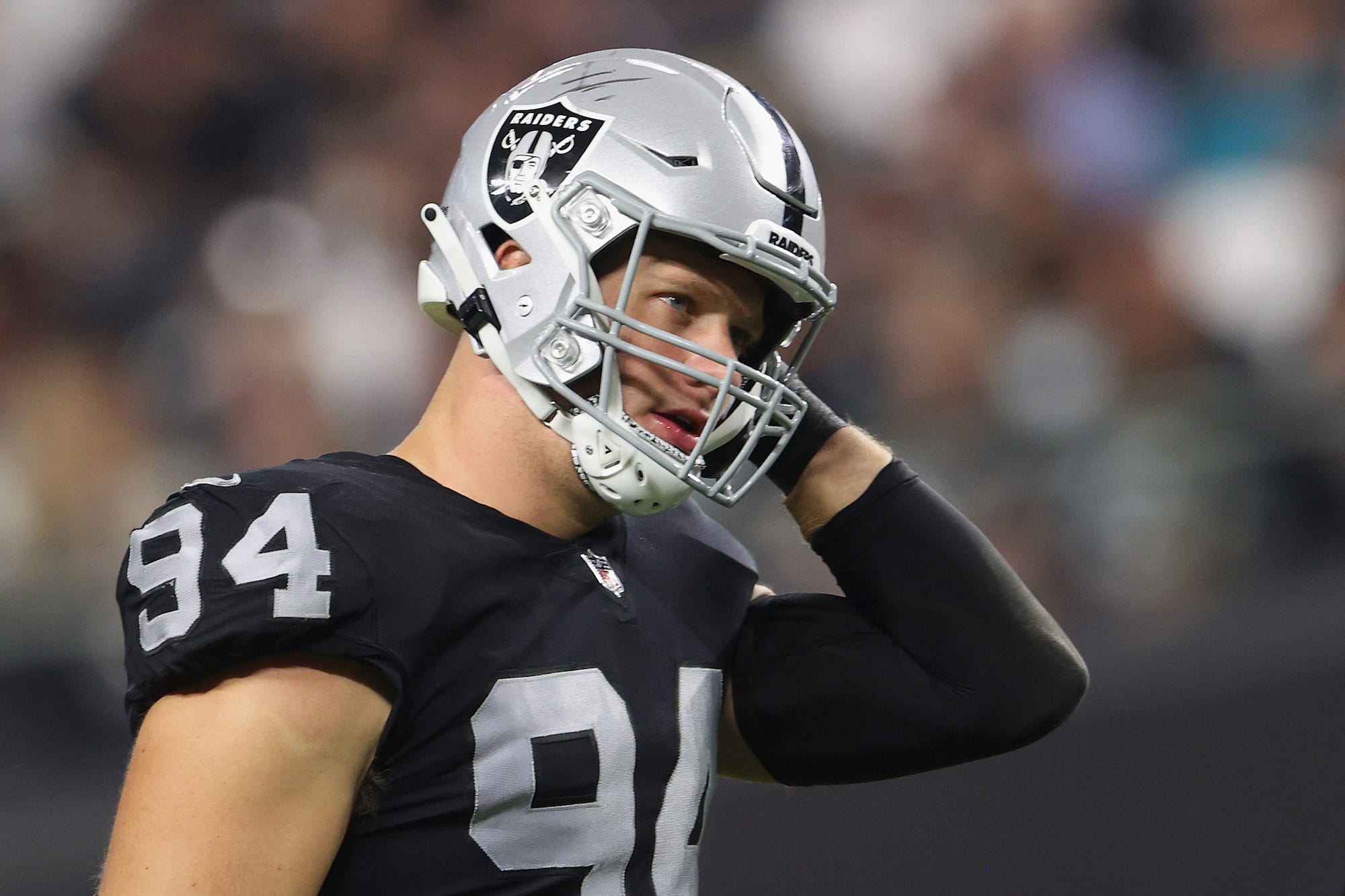 Defensive end Carl Nassib of the Las Vegas Raiders during the NFL game at Allegiant Stadium