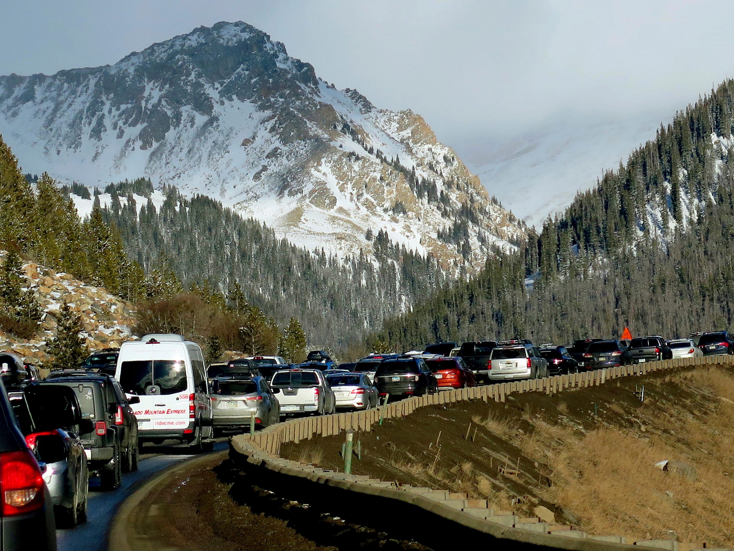 Bumper to bumper traffic on Interstate 70 in Colorado, a familiar scene on the main highway connecting Denver to the mountains.