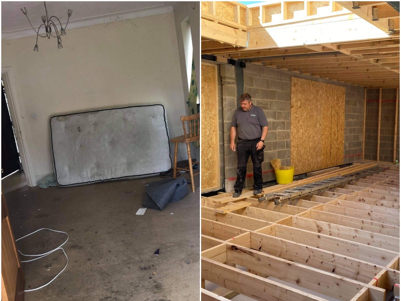 A before of the house being renovated (left) and a photo of Andrew working on the construction of the home (right).