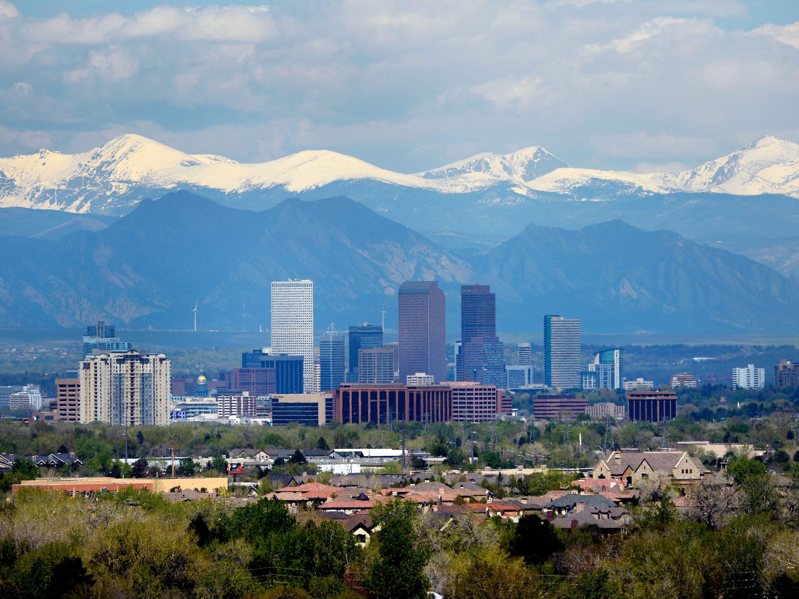 Denver Skyline as seen from the Cherry Creek Dam road in Denver, Colorado on April 30, 2015.