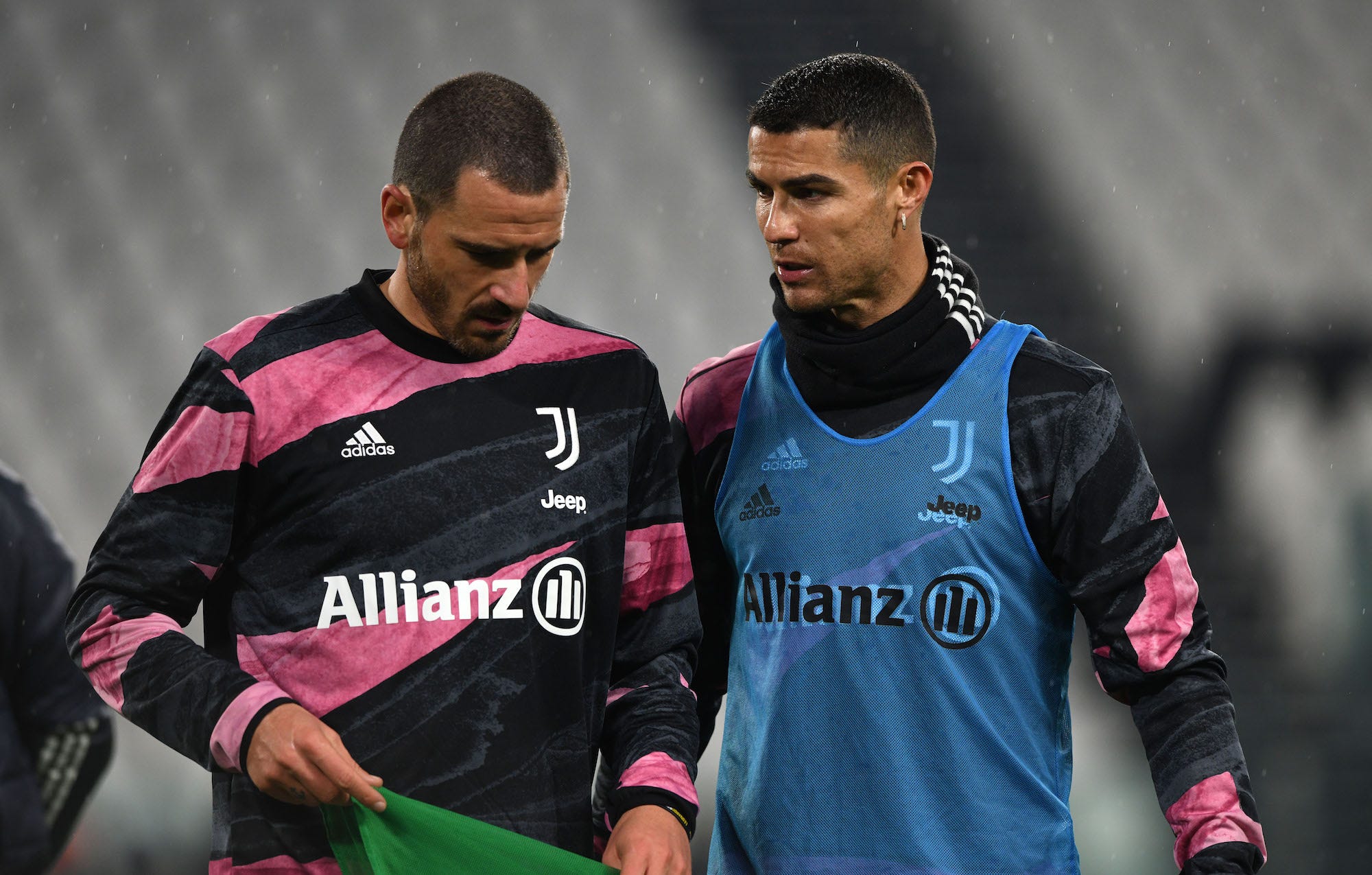 Cristiano Ronaldo of Juventus and Leonardo Bonucci of Juventus (L) during warm up during the Serie A match between Juventus and Torino FC at Allianz Stadium