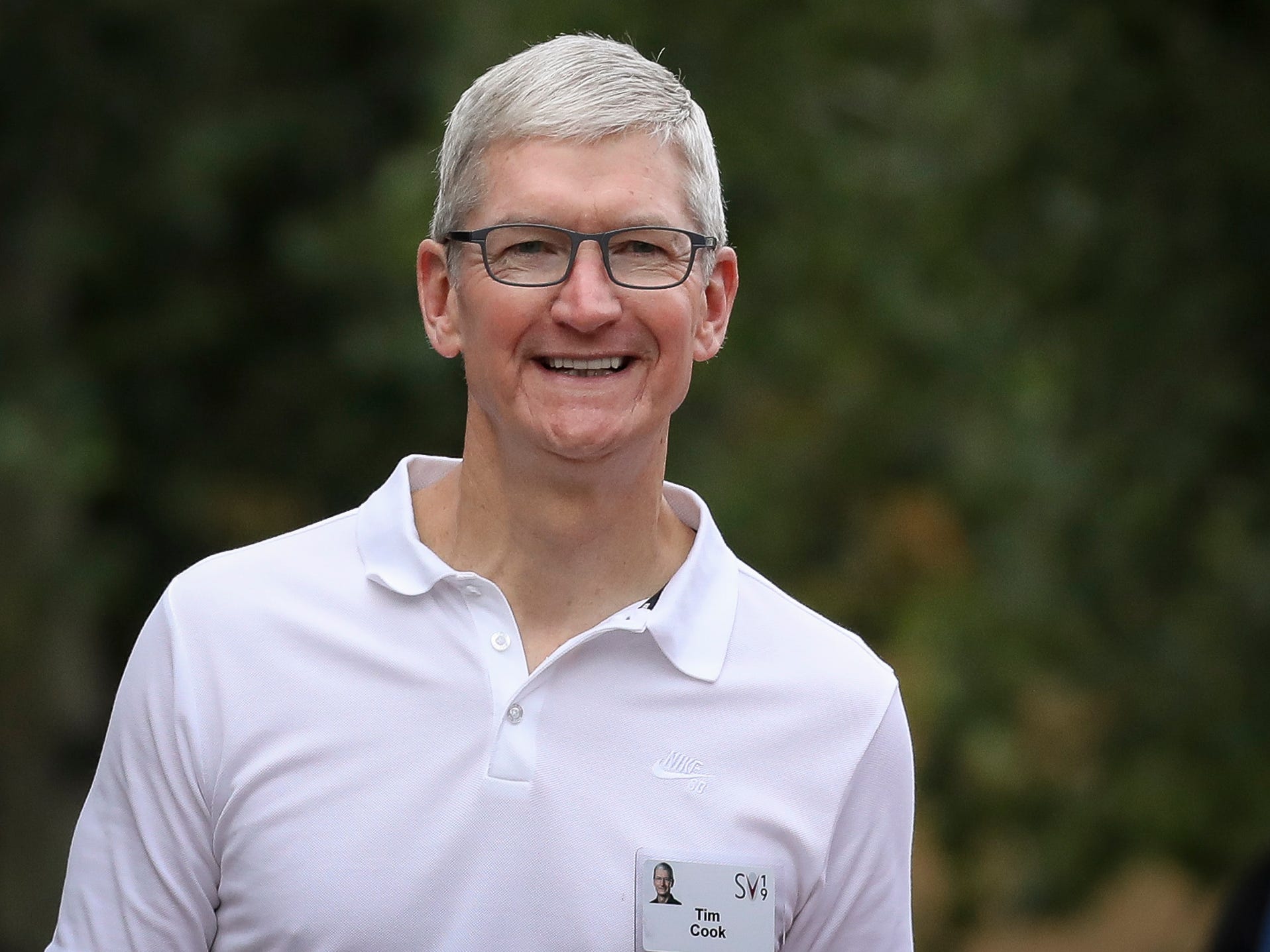 SUN VALLEY, ID - JULY 10: Tim Cook, chief executive officer of Apple, attends the annual Allen & Company Sun Valley Conference, July 10, 2019 in Sun Valley, Idaho. Every July, some of the world's most wealthy and powerful businesspeople from the media, finance, and technology spheres converge at the Sun Valley Resort for the exclusive weeklong conference.