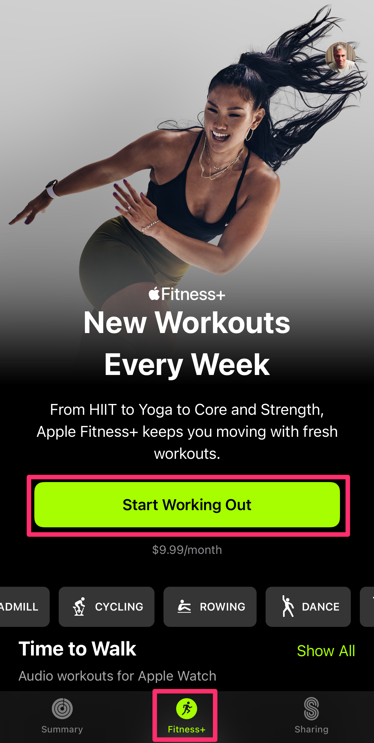 Apple Fitness app on the Fitness+ tab before subscribing